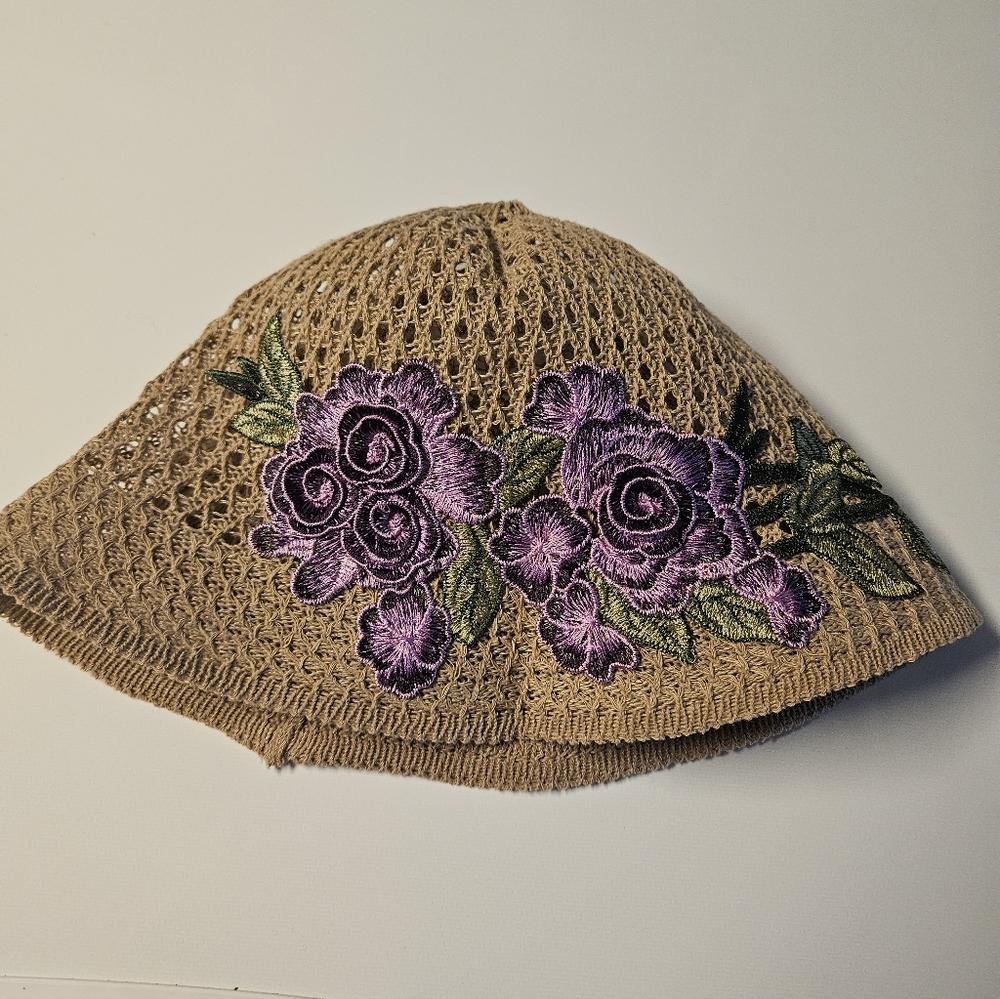 Embroidered Floral Tan Hat